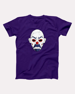 Clown Mask t-shirt in Team Purple, flat lay on grey
