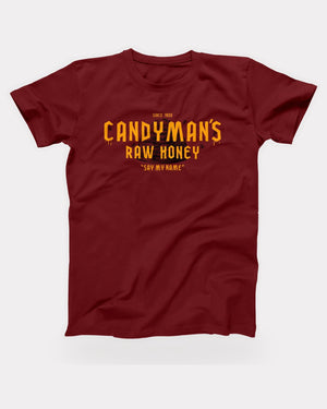 Candyman's Raw Honey T-Shirt in Cardinal, flat lay on grey