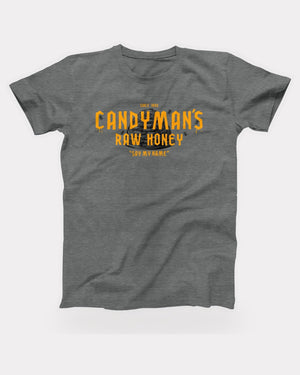 Candyman's Raw Honey T-Shirt in Deep Heather, flat lay on grey