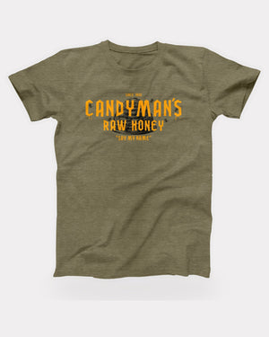 Candyman's Raw Honey T-Shirt in Heather Olive, flat lay on grey