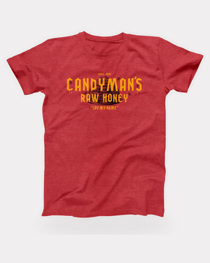 Candyman's Raw Honey T-Shirt in Heather Red, flat lay on grey
