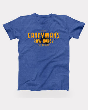Candyman's Raw Honey T-Shirt in Heather True Royal, flat lay on grey