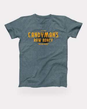 Candyman's Raw Honey T-Shirt in Heather Slate, flat lay on grey