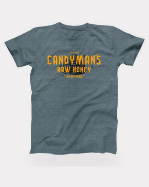 Candyman's Raw Honey T-Shirt in Heather Slate, flat lay on grey