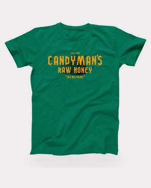 Candyman's Raw Honey T-Shirt in Kelly, flat lay on grey