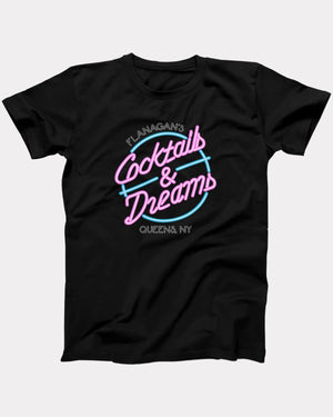 Flanagan's Cocktails and Dreams T-Shirt, flat lay on grey