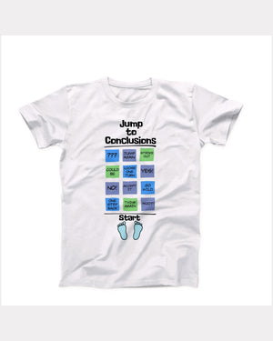 Jump To Conclusions Mat T-Shirt, flat lay on grey