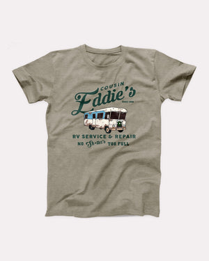 Cousin Eddie's RV Service & Repair T-Shirt, flat lay on grey
