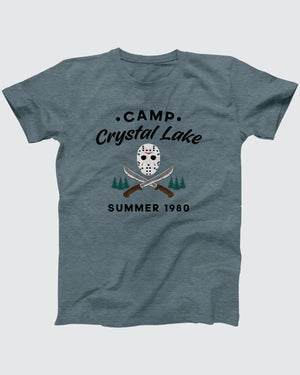 Camp Crystal Lake T-Shirt, flat lay on grey