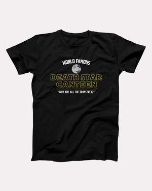 Death Star Canteen t-shirt in Black, flat lay on grey