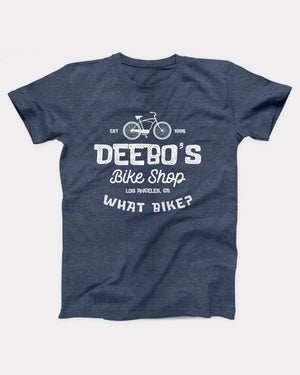 Deebo's Bike Shop T-Shirt, flat lay on grey