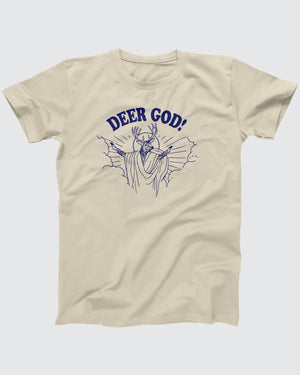 Deer God t-shirt in Soft Cream, flat lay on grey