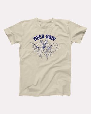 Deer God t-shirt in Soft Cream, flat lay on grey