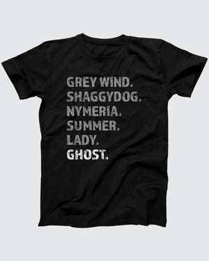 Stark Direwolves T-Shirt, flat lay on grey