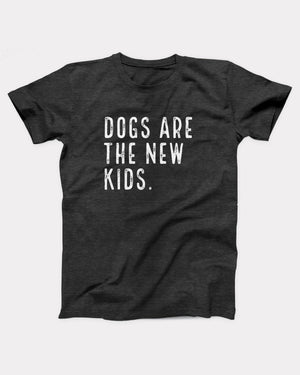 Dogs are the New Kids t-shirt in Dark Grey Heather, flat lay on grey