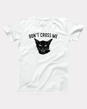 Don't Cross Me t-shirt in White, flat lay on grey