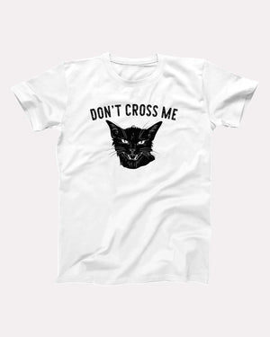 Don't Cross Me t-shirt in White, flat lay on grey
