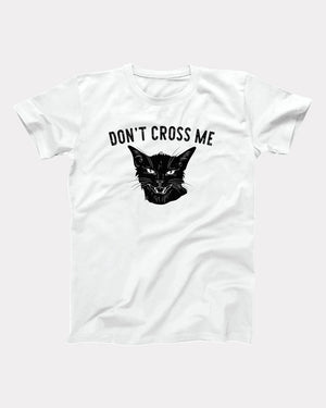 Don't Cross Me t-shirt in White, flat lay on grey