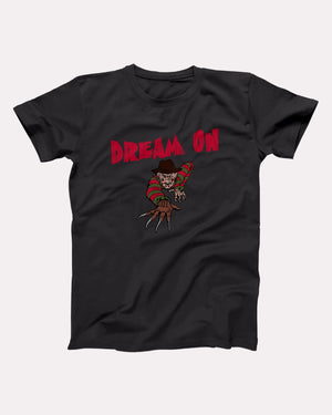 Freddy Krueger Dream On T-Shirt, flat lay on grey