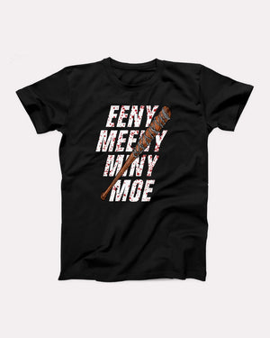 Eeny Meeny Miny Moe T-Shirt, flat lay on grey