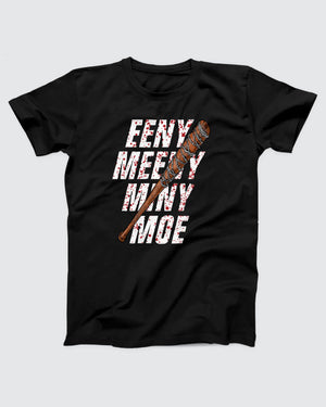 Eeny Meeny Miny Moe T-Shirt, flat lay on grey