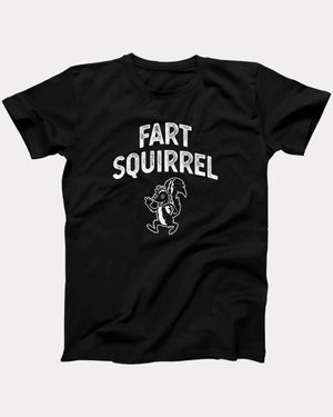 Fart Squirrel t-shirt in Black, flat lay on grey