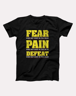 Fear Pain Defeat T-Shirt, flat lay on grey