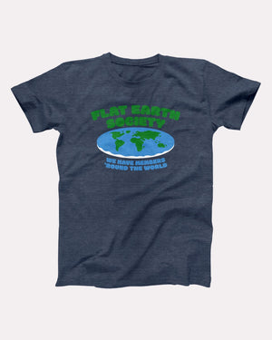 Flat Earth Society t-shirt in Heather Navy, flat lay on grey