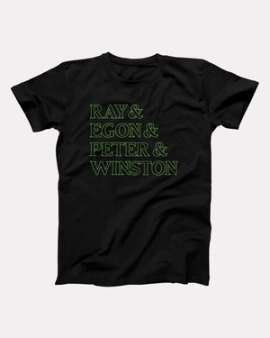 Ghostbuster Names T-Shirt, flat lay on grey