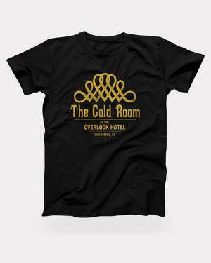 The Gold Room T-Shirt in Black, flat lay on grey