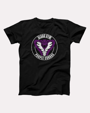 Globo Gym Purple Cobras T-Shirt, flat lay on grey