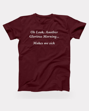 Another Glorious Morning T-Shirt in Maroon, flat lay on grey