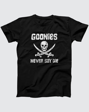 Goonies Never Say Die T-Shirt, flat lay on grey
