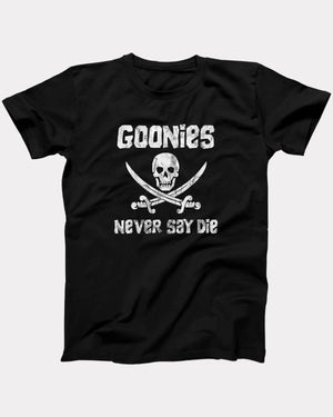 Goonies Never Say Die T-Shirt, flat lay on grey