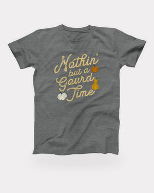 Nothin' But a Gourd Time T-Shirt in Deep Heather, flat lay on grey