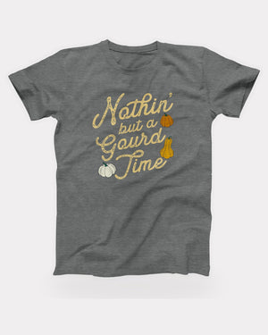 Nothin' But a Gourd Time T-Shirt in Deep Heather, flat lay on grey