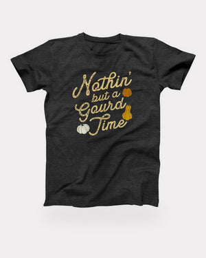 Nothin' But a Gourd Time T-Shirt in Dark Grey Heather, flat lay on grey