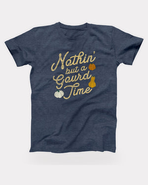 Nothin' But a Gourd Time T-Shirt in Heather Navy, flat lay on grey