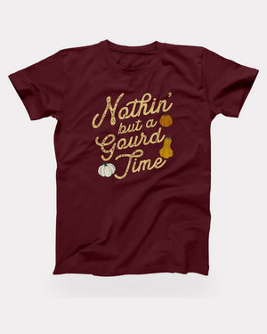 Nothin' But a Gourd Time T-Shirt in Maroon, flat lay on grey