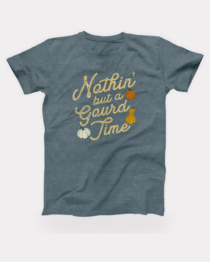 Nothin' But a Gourd Time T-Shirt in Heather Slate, flat lay on grey