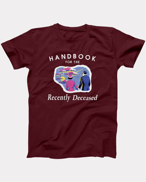 Handbook For The Recently Deceased T-Shirt, flat lay on grey