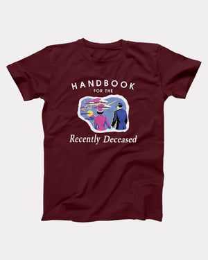 Handbook For The Recently Deceased T-Shirt, flat lay on grey
