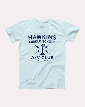 Hawkins Middle School A/V Club T-Shirt, flat lay on grey