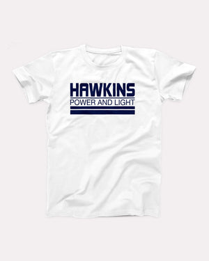 Hawkins Power and Light T-Shirt, flat lay on grey