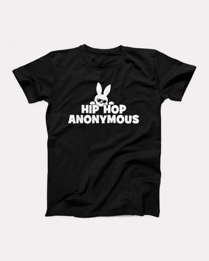 Hip Hop Anonymous Bunny T-Shirt, flat lay on grey