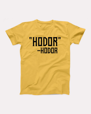 Hodor t-shirt in Maize Yellow, flat lay on grey