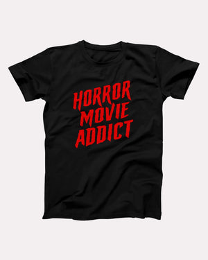 Horror Movie Addict T-Shirt, flat lay on grey