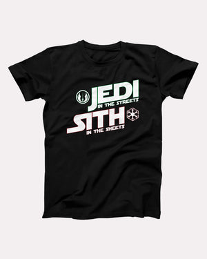 Jedi In The Streets Sith In The Sheets t-shirt in Black, flat lay on grey