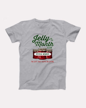 Jelly of the Month Club T-Shirt, flat lay on grey