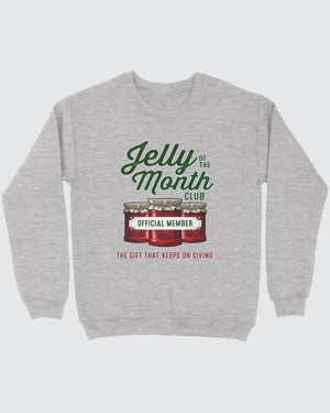 Jelly of the Month Club ugly sweater in Sport Grey, flat lay on grey